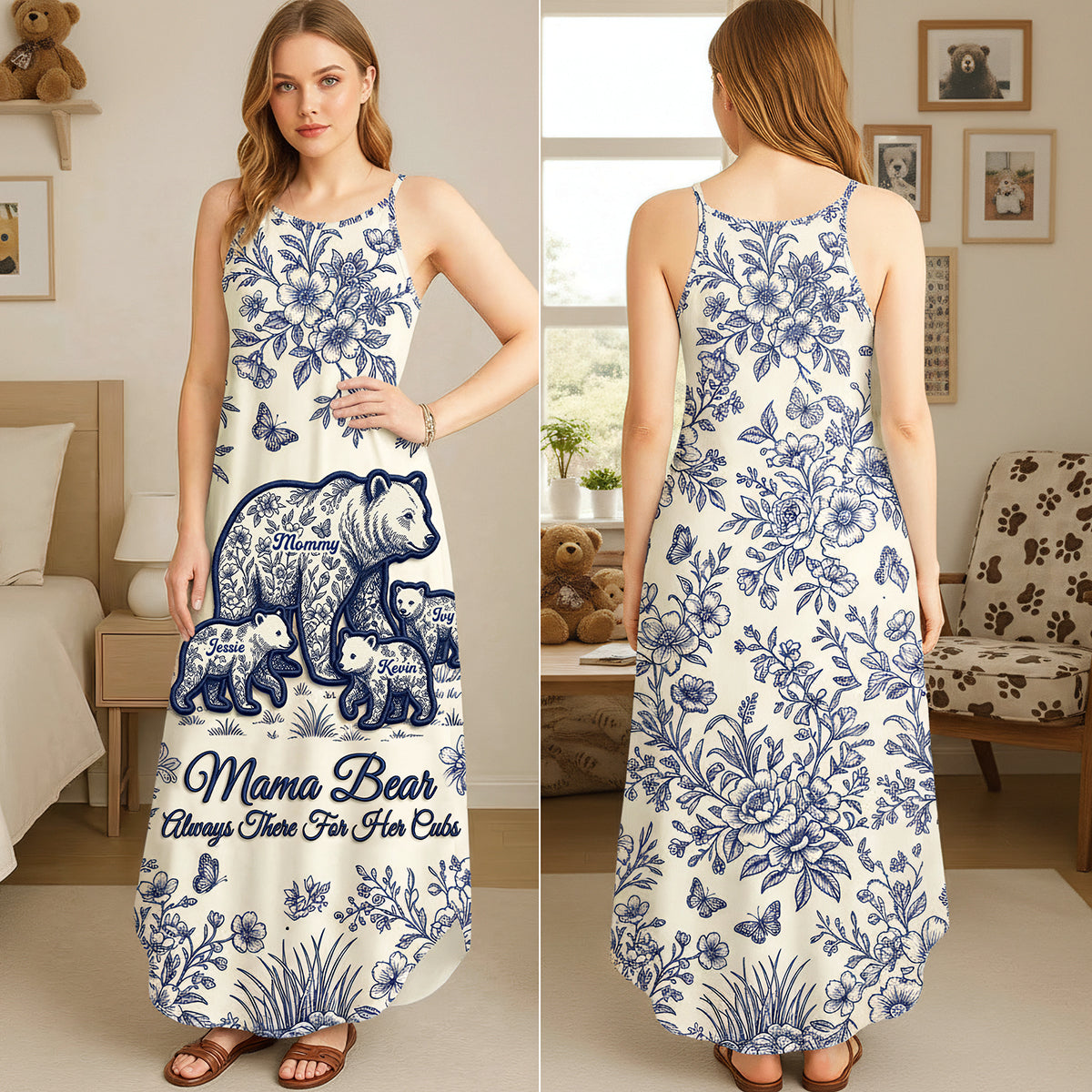 Toile De Jouy Bear Mom Dress - Personalized Gifts For Mother's Day Suspender Maxi Dress 01NATA250326