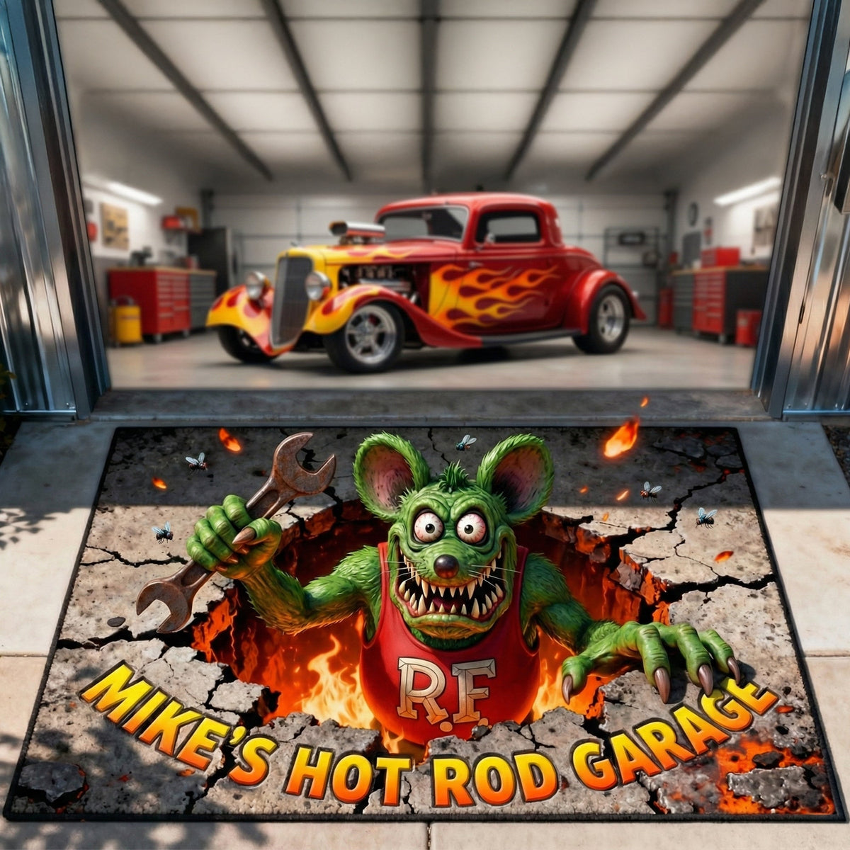 Playful Hot Rod Garage Doormat - Personalized Gifts For Hot Rod Lovers 021tgqn090126