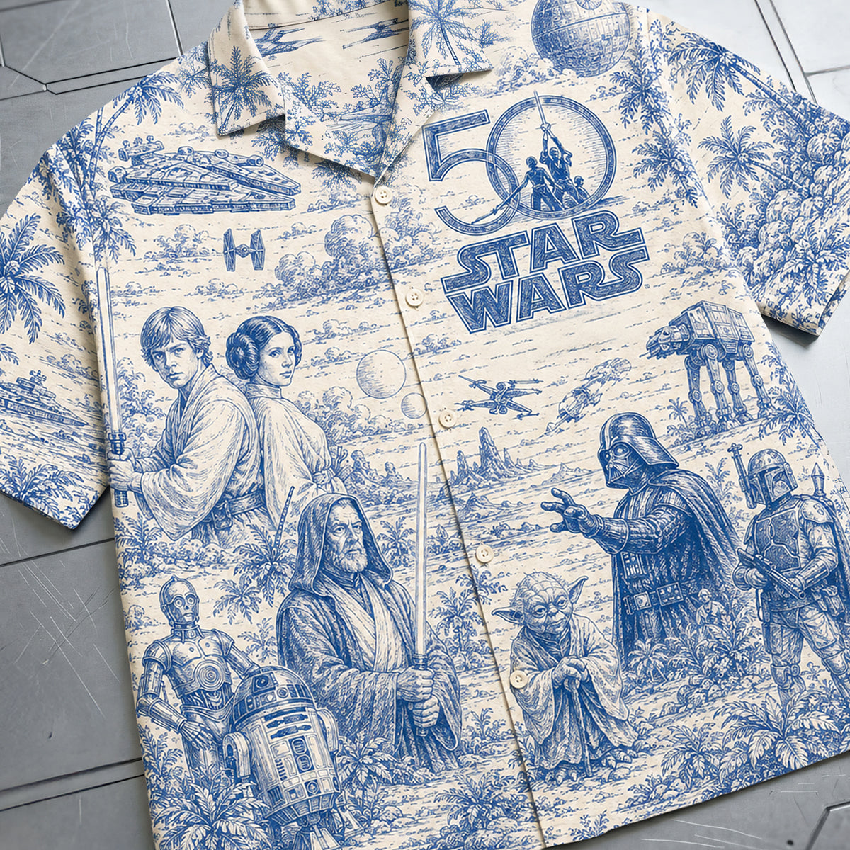 Warriors Celebrate 50th Anniversary Toile De Jouy Hawaiian Shirt - Personalized Gifts 02nata170626