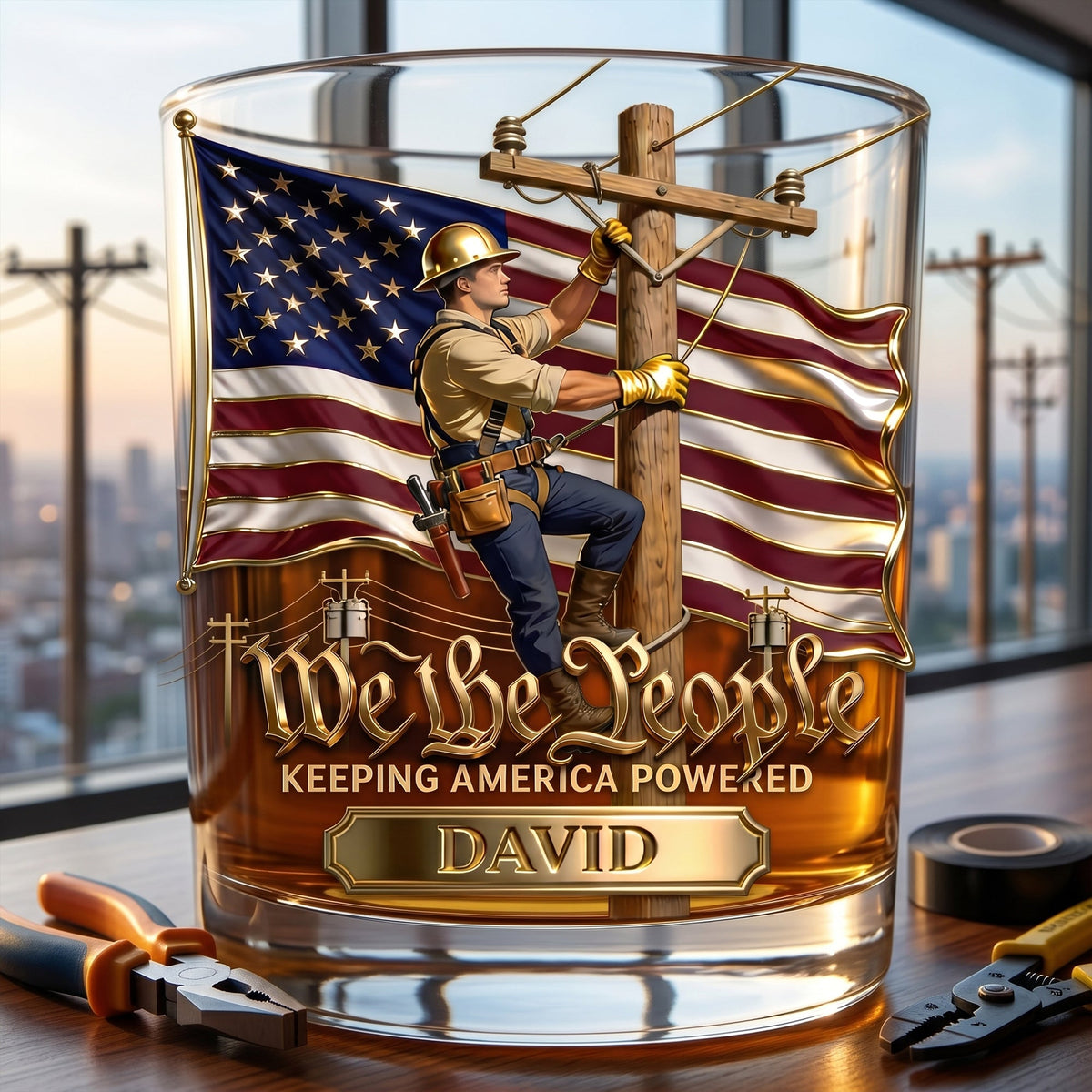 Keeping America Powered Whiskey Glass - Personalized Gifts For Lineman 01PGLU150626