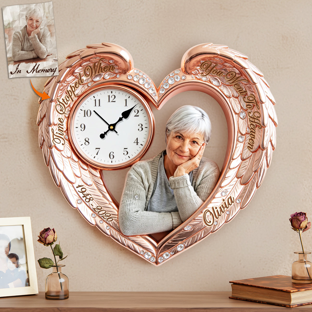 Memorial Heart Wings Clock - Custom Photo Gifts For Heaven Acrylic Hanging Wall Clock 02NATA250326