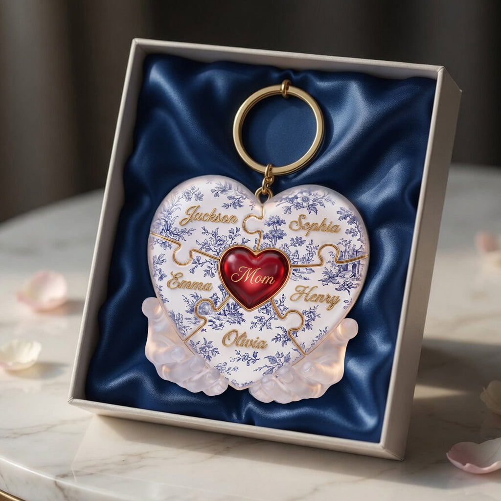 Toile De Jouy Mommy Puzzle Heart Keychain Personalized Gifts For Mom 01PALU240426