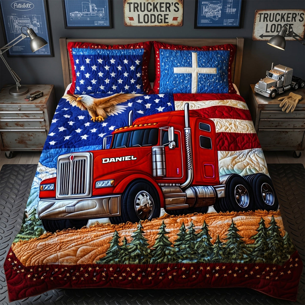 Patriotic Semi Truck Quilt Set – Personalized Gifts For Road Warriors 05TGLU120626