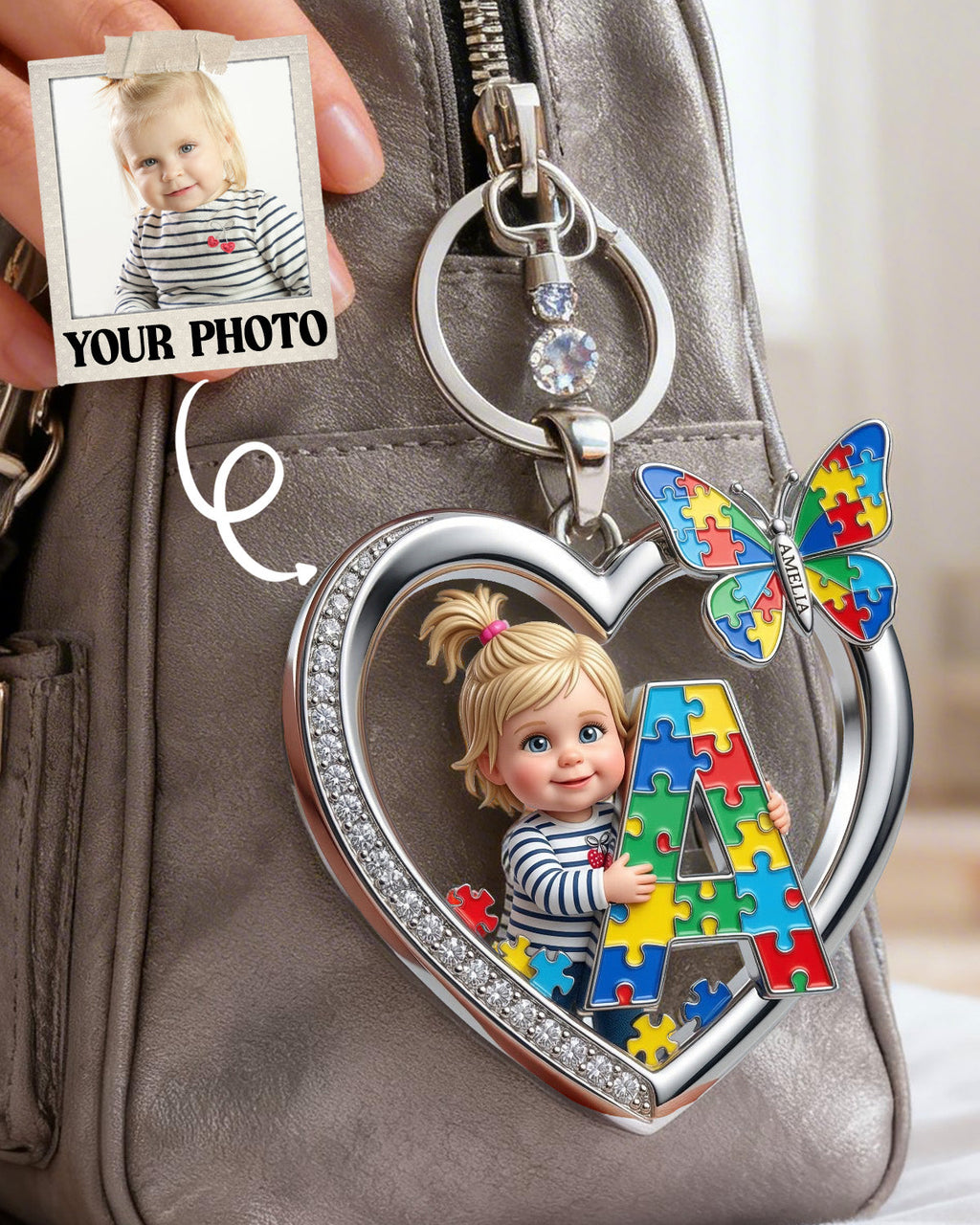Puzzle Heart Alphabet Keychain - Custom Photo Gifts For Autism Awareness 03PAMG120326