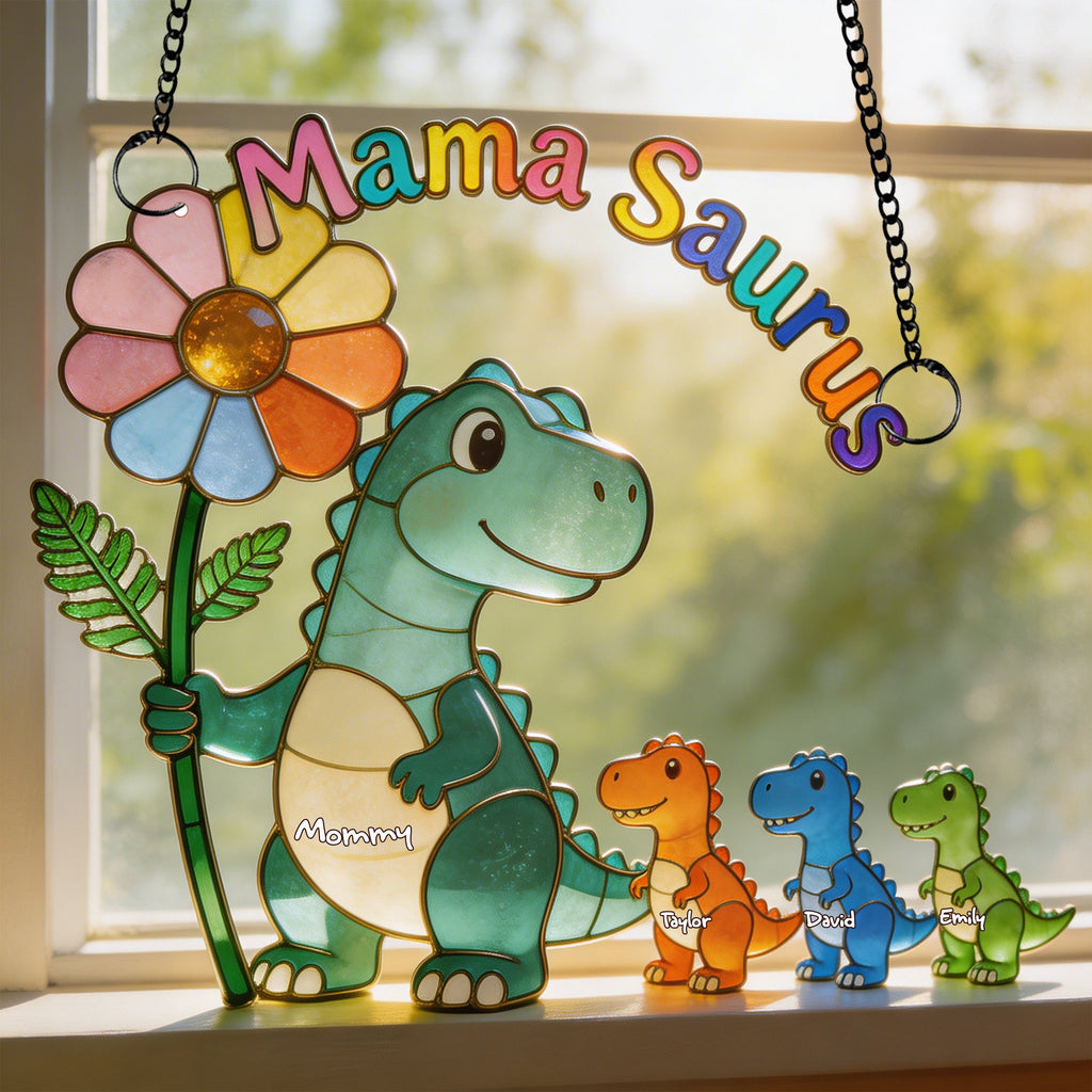 Mama-saurus & Her Tiny Roar Crew Suncatcher - Personalized Gifts For Moms 01NALU100426