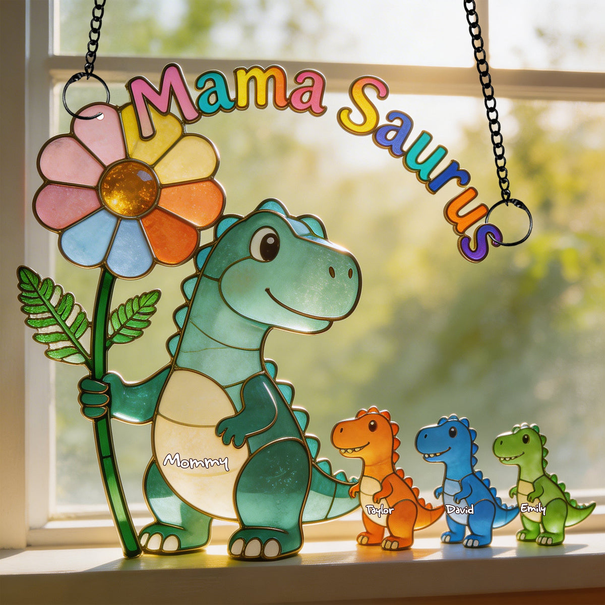 Mama-saurus & Her Tiny Roar Crew Suncatcher - Personalized Gifts For Moms 01NALU100426