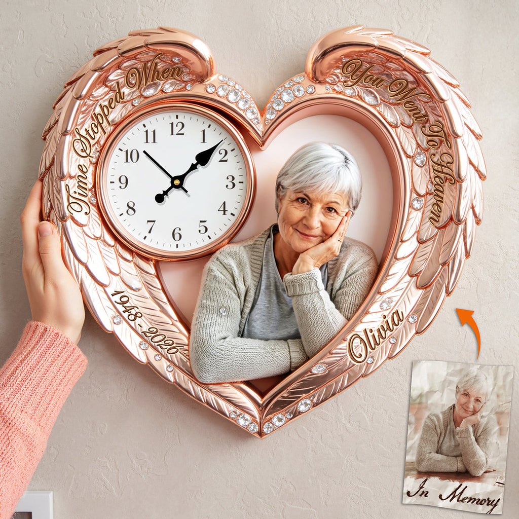 Memorial Heart Wings Clock - Custom Photo Gifts For Heaven Acrylic Hanging Wall Clock 02NATA250326