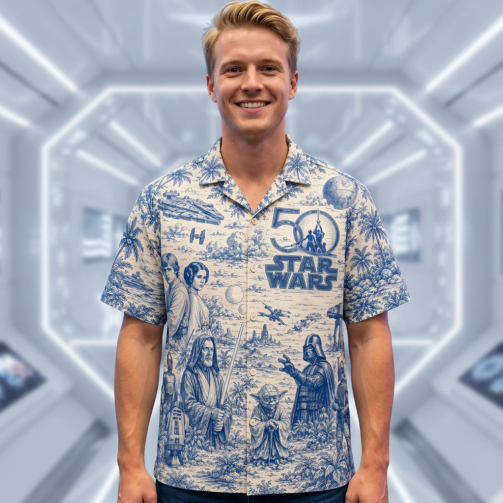 Warriors Celebrate 50th Anniversary Toile De Jouy Hawaiian Shirt - Personalized Gifts 02nata170626