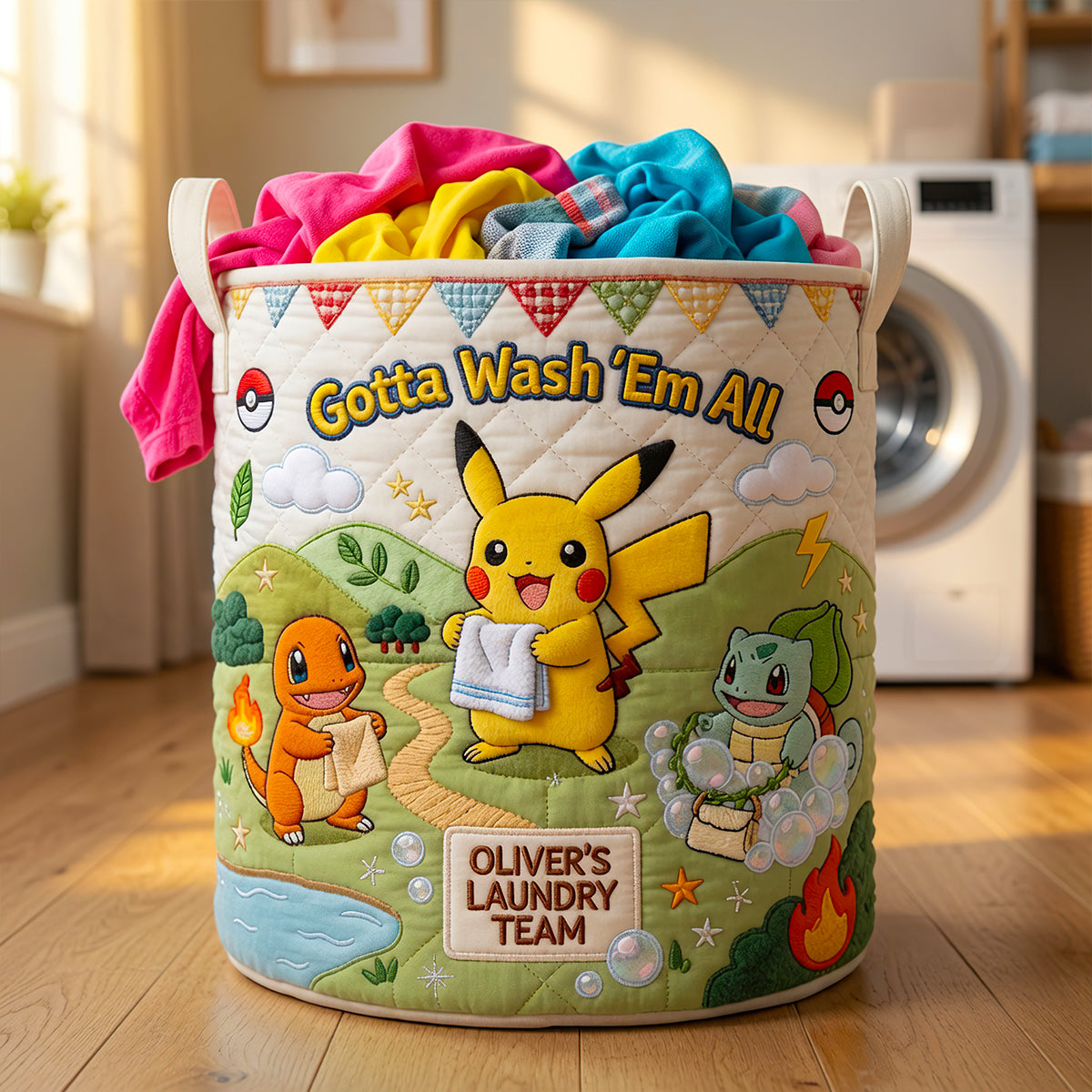 Lovely Characters Doing Laundry Quilted Laundry Basket - Personalized Gifts 02hadt020726