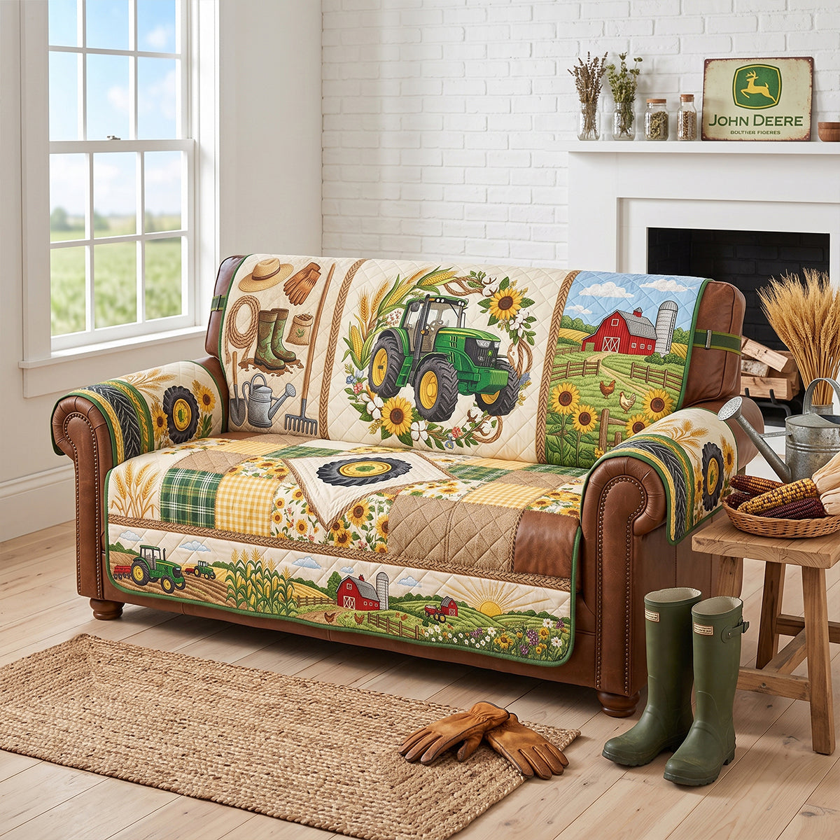 Green Farm Tractor Quilted Sofa Cover - Personalized Gifts For Tractor Lovers 05pgtn260626