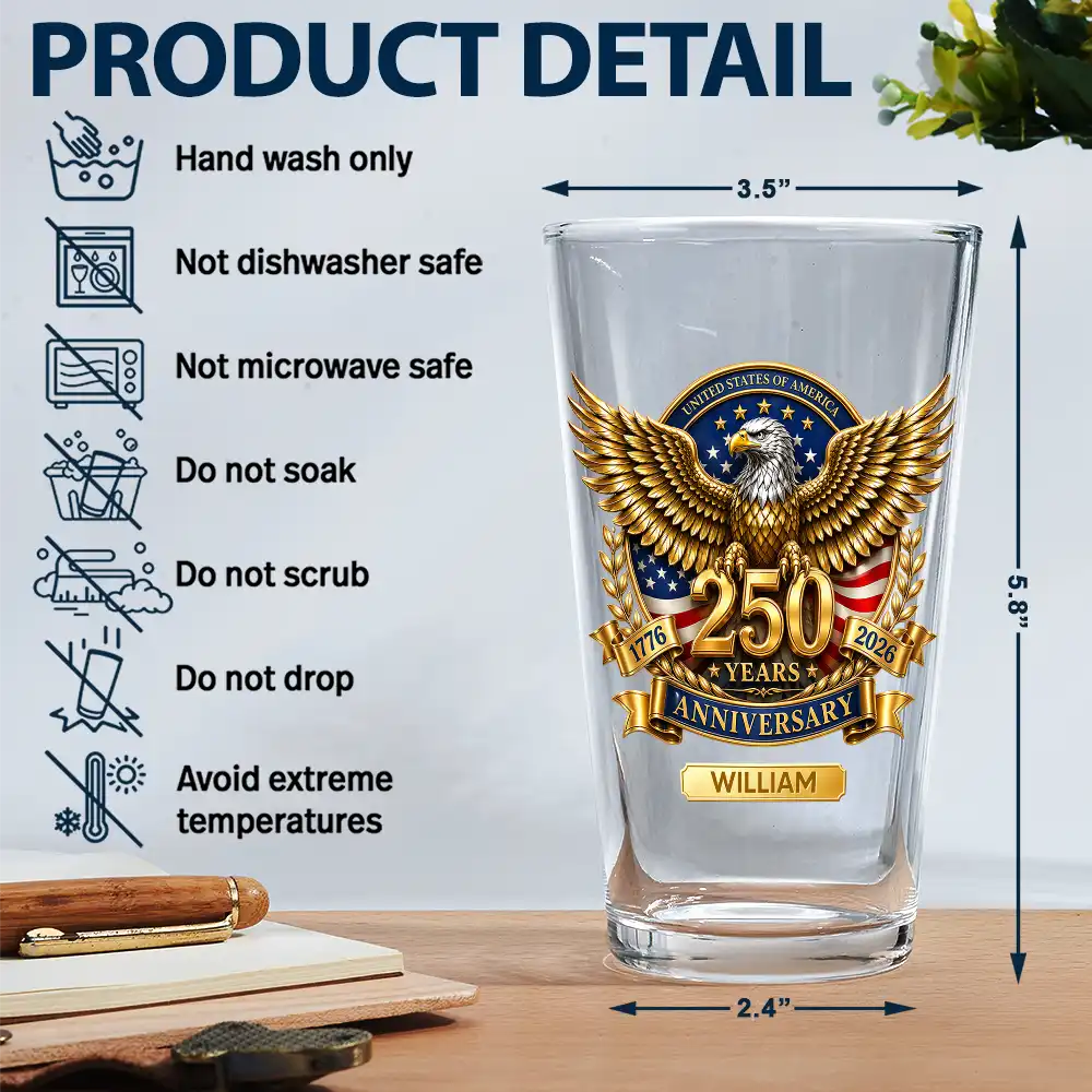 3D Effect 250 Years Of Freedom - Personalized Beer Glass