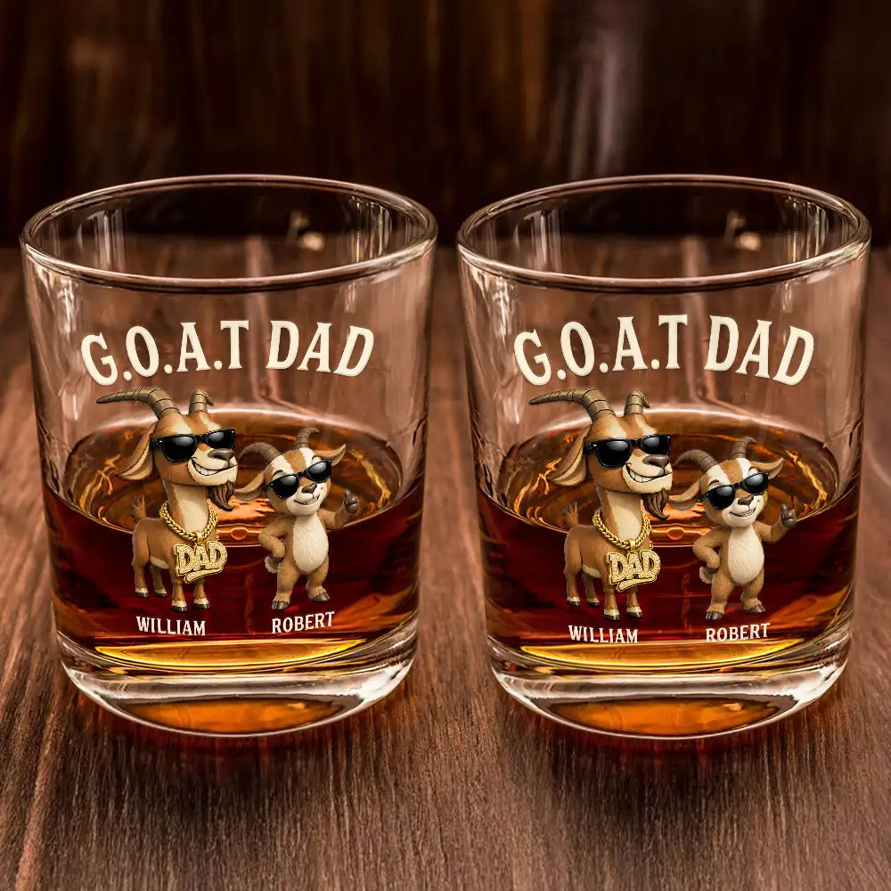 3D Effect Goat Dad And Kids - Personalized Whiskey Glass