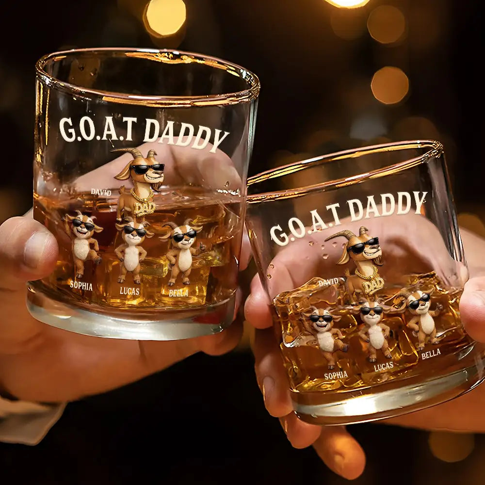 3D Effect Goat Dad And Kids - Personalized Whiskey Glass