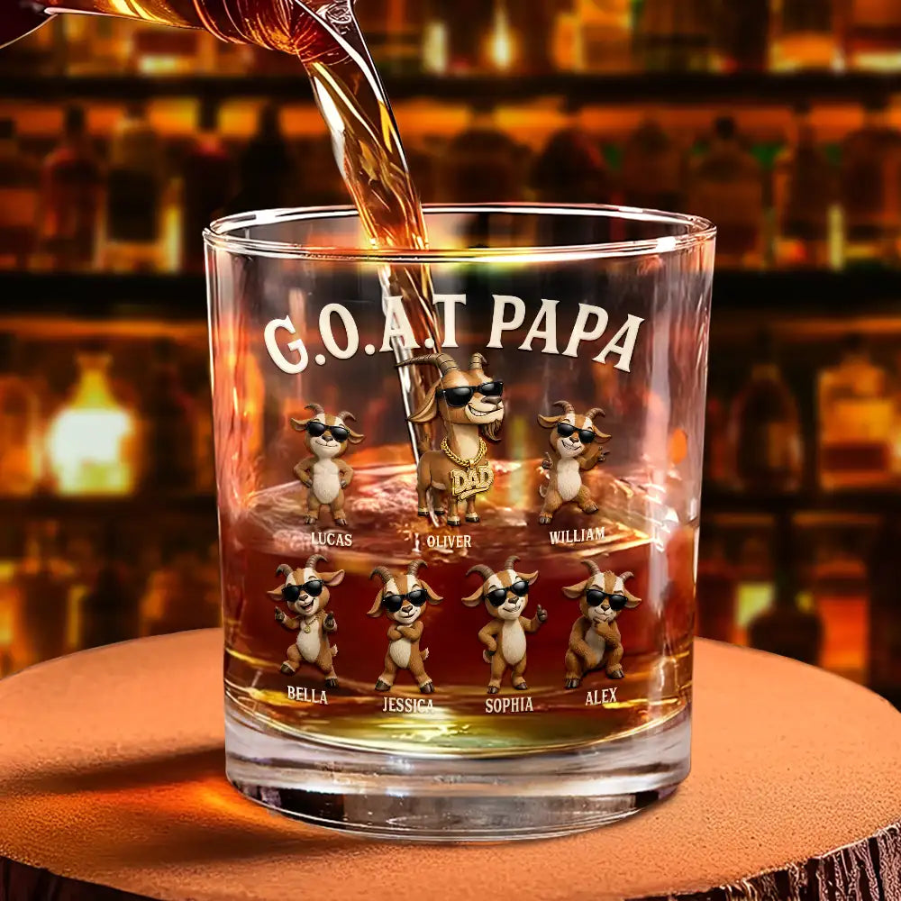 3D Effect Goat Dad And Kids - Personalized Whiskey Glass