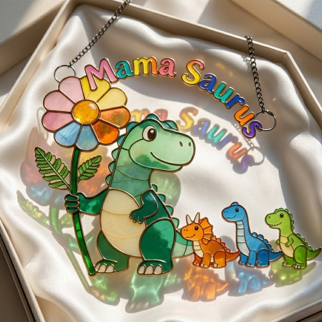 Mama-saurus & Her Tiny Roar Crew Suncatcher - Personalized Gifts For Moms 01NALU100426