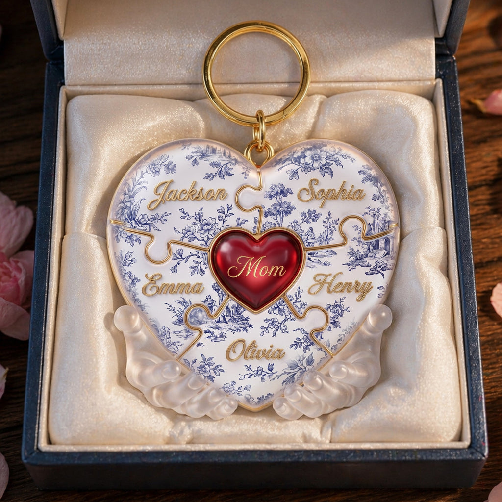 Toile De Jouy Mommy Puzzle Heart Keychain Personalized Gifts For Mom 01PALU240426