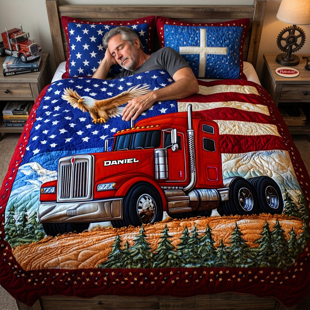Patriotic Semi Truck Quilt Set – Personalized Gifts For Road Warriors 05TGLU120626