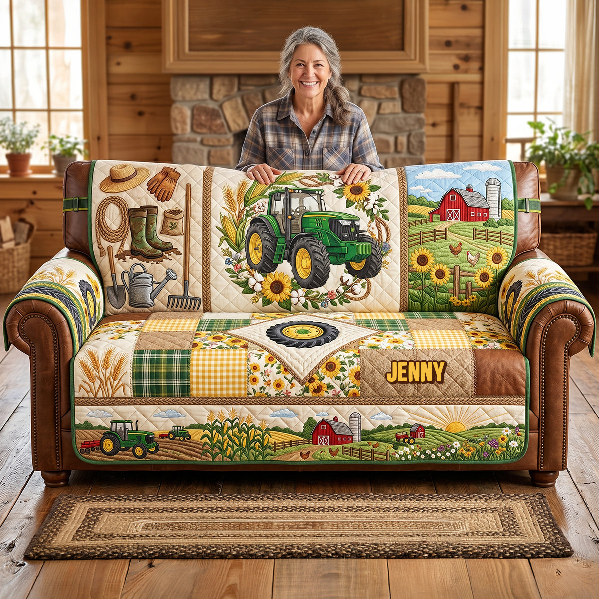 Green Farm Tractor Quilted Sofa Cover - Personalized Gifts For Tractor Lovers 05pgtn260626