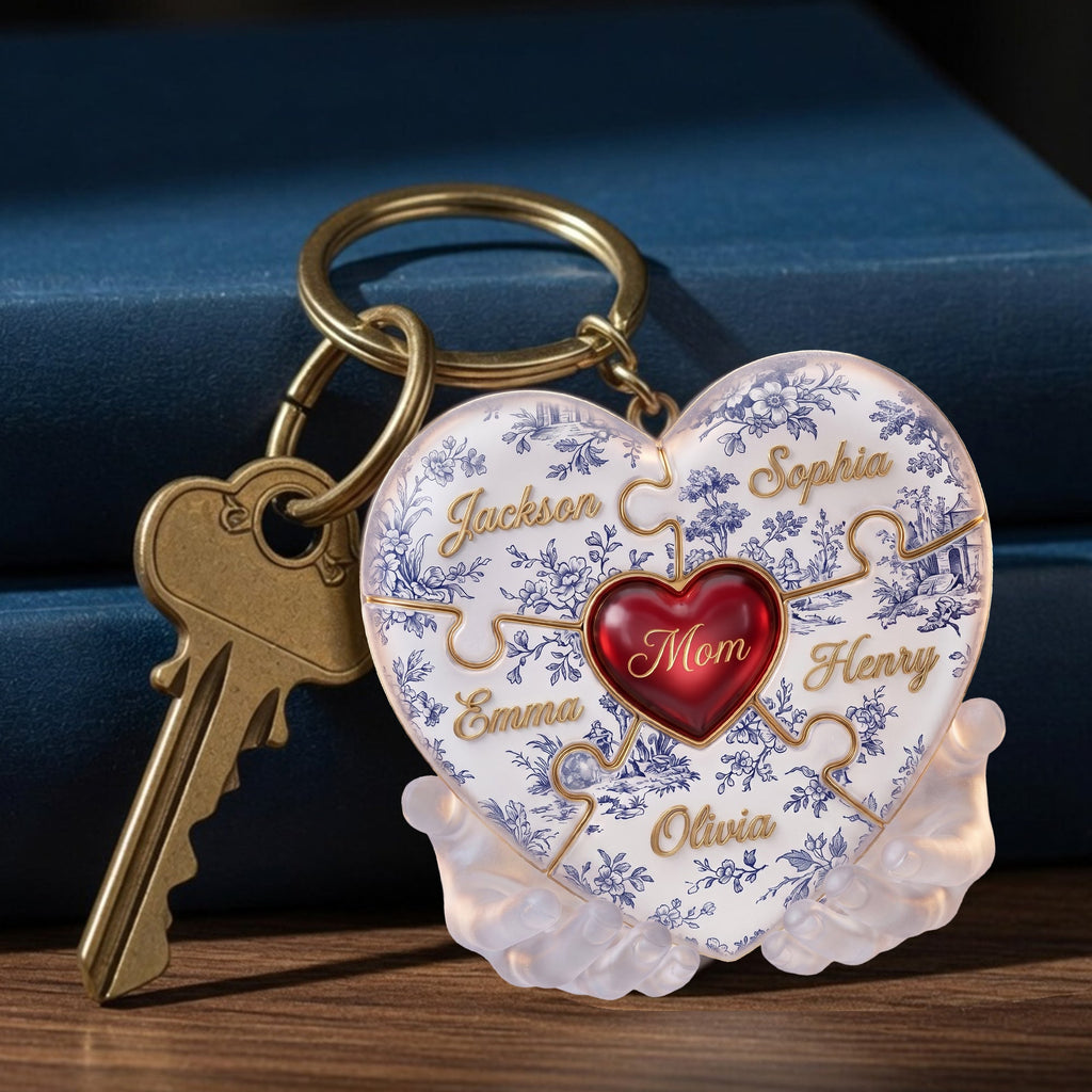 Toile De Jouy Mommy Puzzle Heart Keychain Personalized Gifts For Mom 01PALU240426
