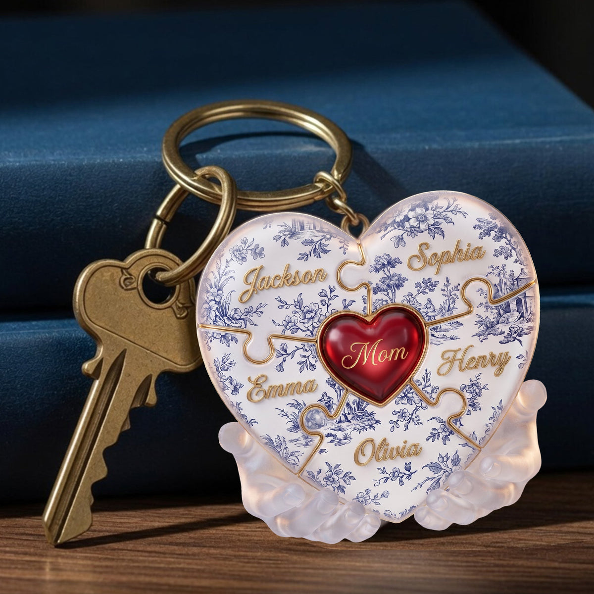 Toile De Jouy Mommy Puzzle Heart Keychain Personalized Gifts For Mom 01PALU240426