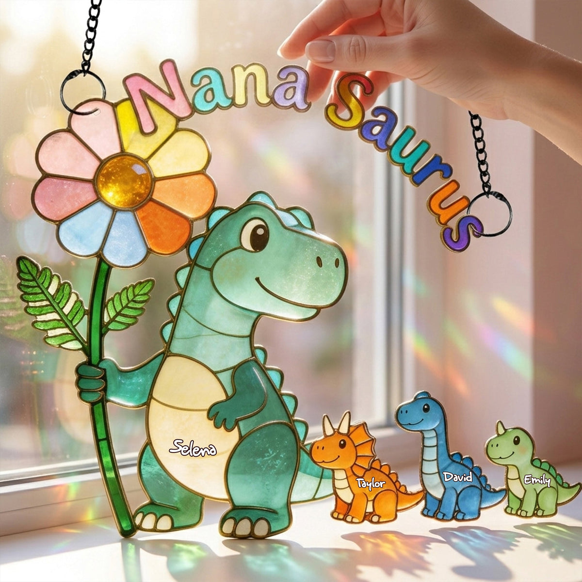Mama-saurus & Her Tiny Roar Crew Suncatcher - Personalized Gifts For Moms 01NALU100426