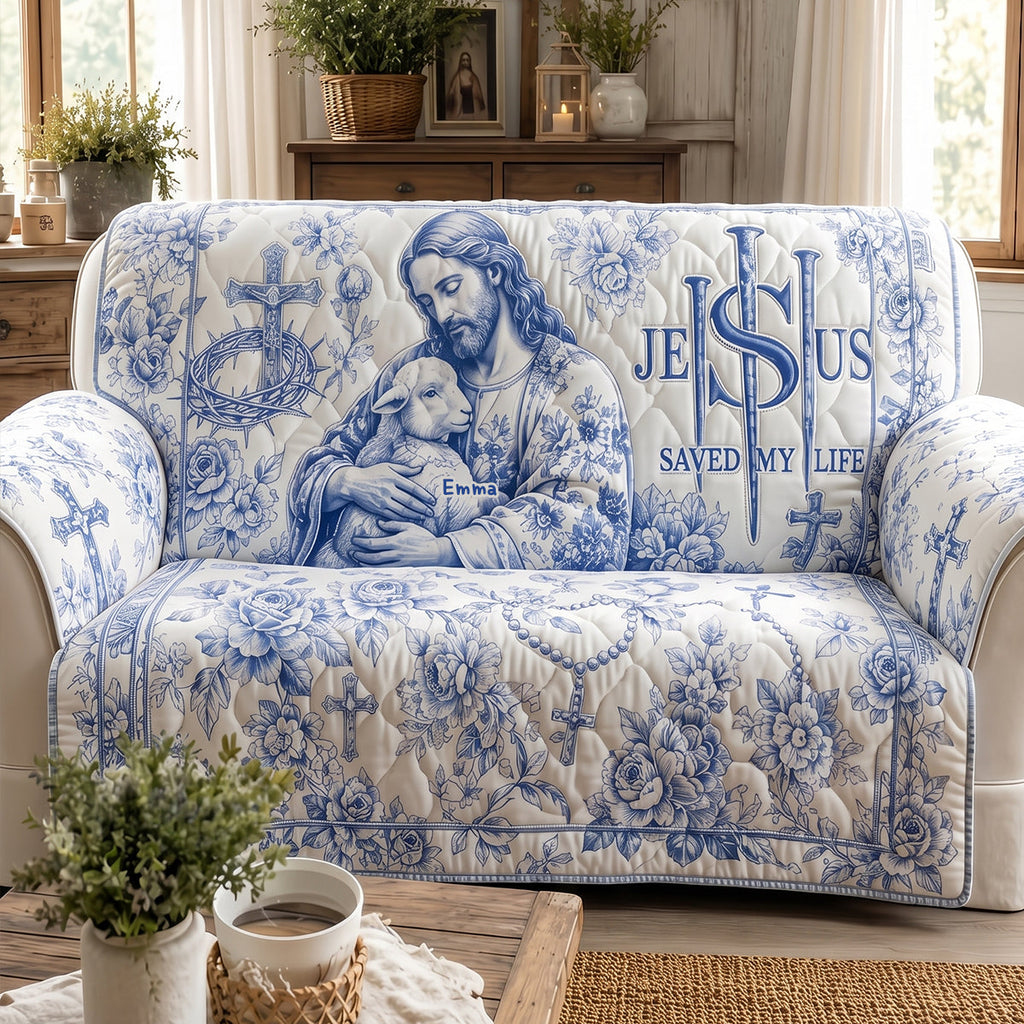 Jesus Christ Savior Toile De Jouy Quited Sofa Cover, Personalized Gifts For Christians 01qhdt290626