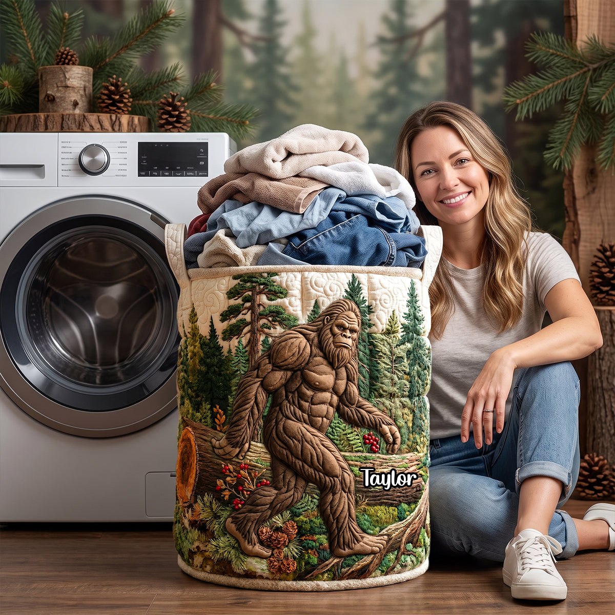 Calm Sasquatch Quilted Laundry Basket - Personalized Gifts For Bigfoot Lovers 03qhdh130726