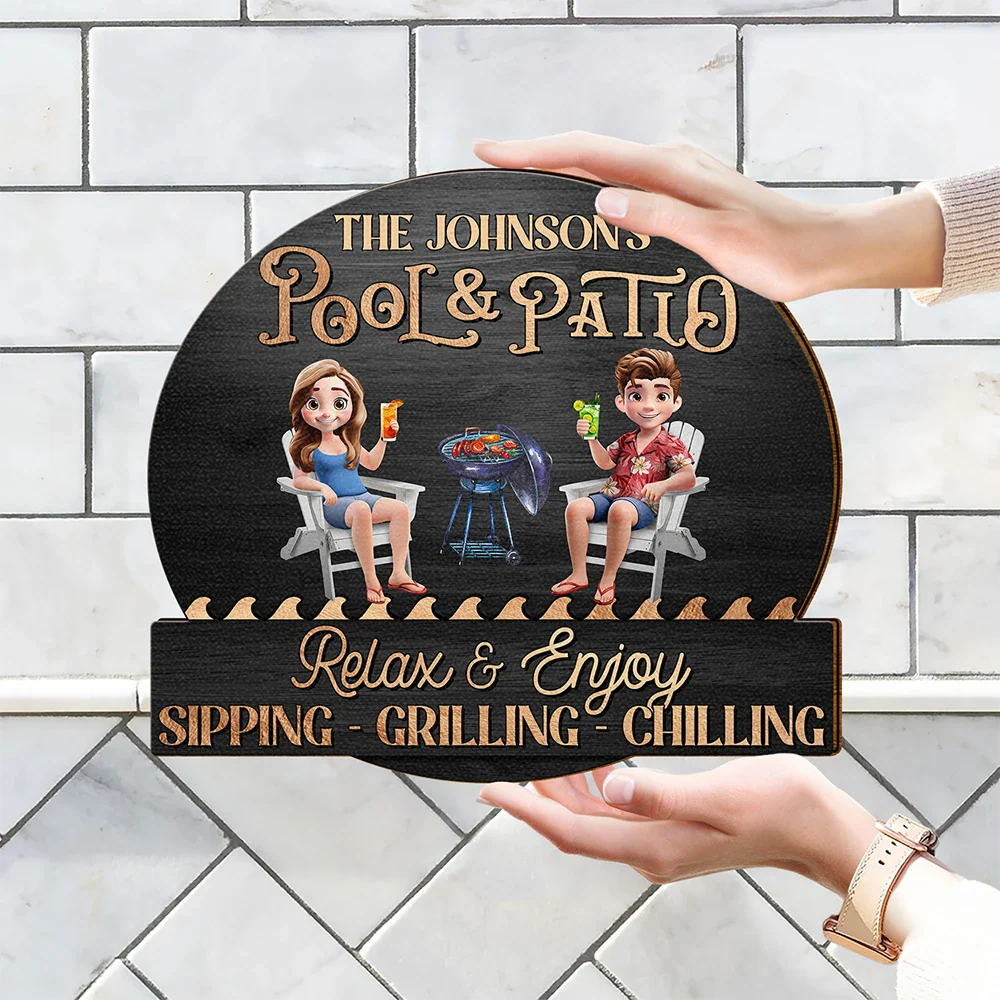 Couple Poolside Paradise Relax Enjoy 3D Effect - Personalised Custom Shaped Wood Sign