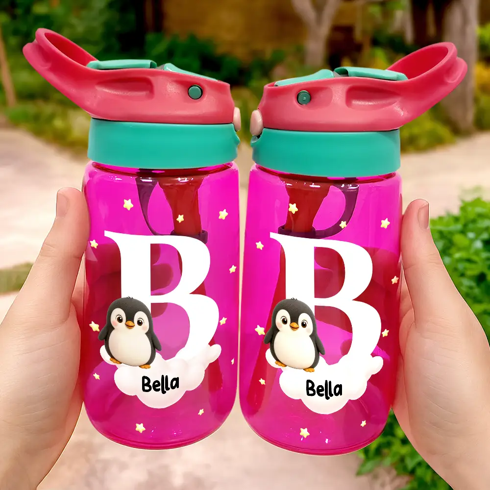 Adorable Animals With Initial - Personalized Kids Water Bottle With Straw