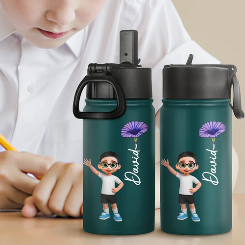 Adorable Kid With Birth Month Flower - Personalized Kids Water Bottle