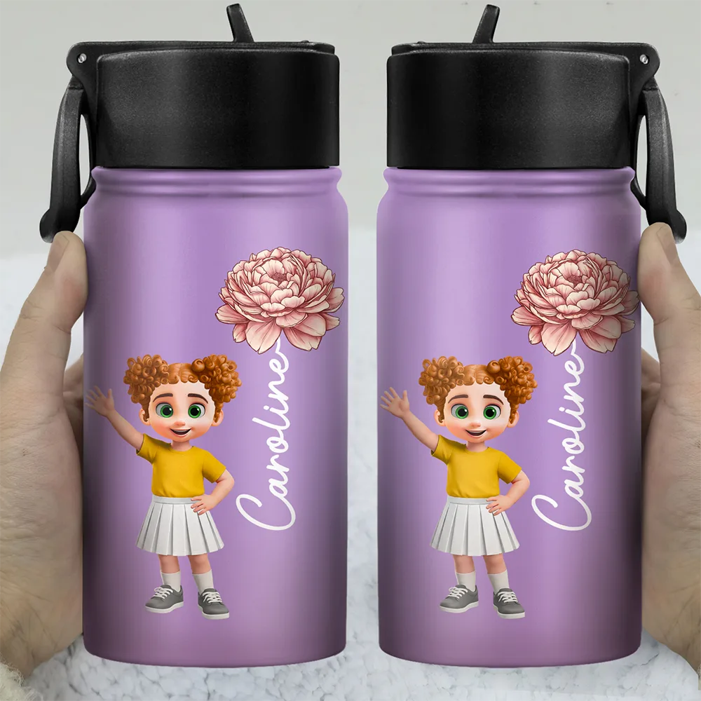 Adorable Kid With Birth Month Flower - Personalized Kids Water Bottle