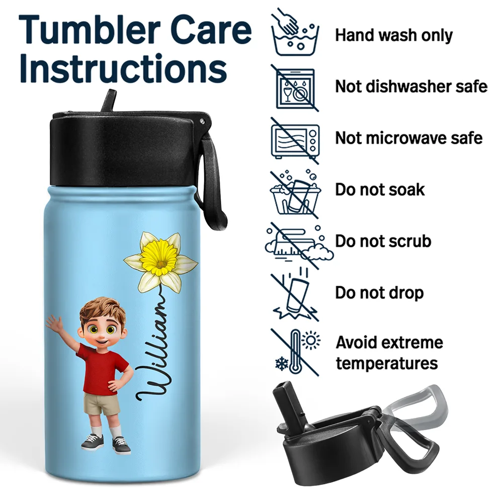 Adorable Kid With Birth Month Flower - Personalized Kids Water Bottle