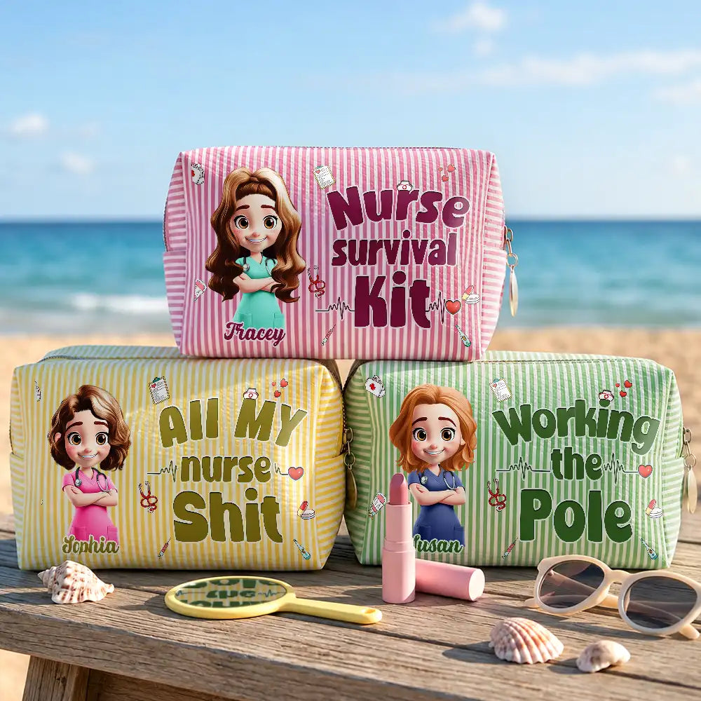 All My Nurse Sh*t Custom Name - Personalized Striped Cosmetic Bag