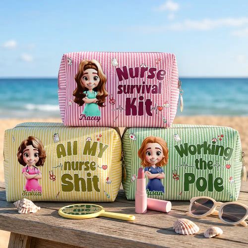 All My Nurse Sh*t Custom Name - Personalized Striped Cosmetic Bag