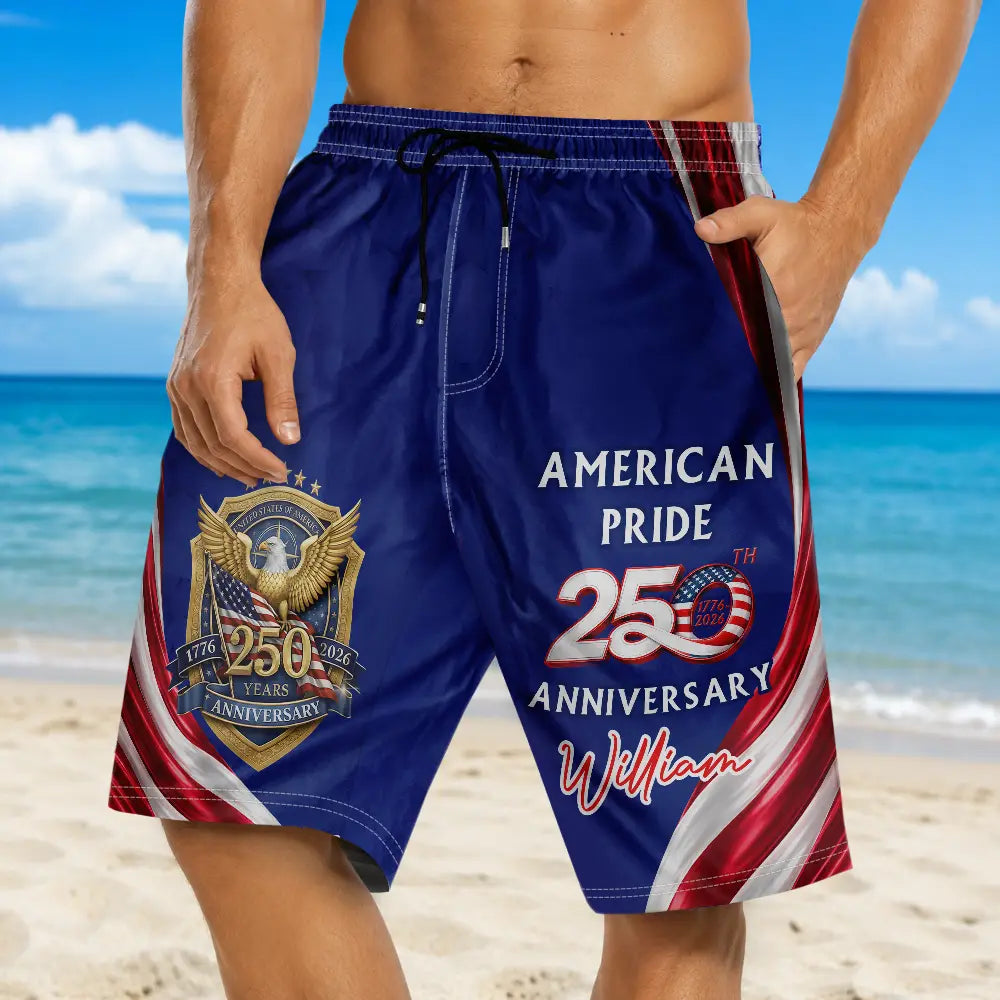 America 250th Anniversary US Pride Patriotic Eagle - Personalized Unisex Beach Shorts