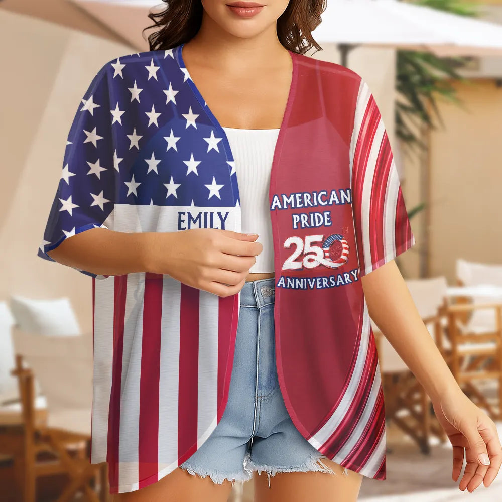 America 250th Anniversary US Pride Patriotic Eagle - Personalized Women Kimono Cardigan