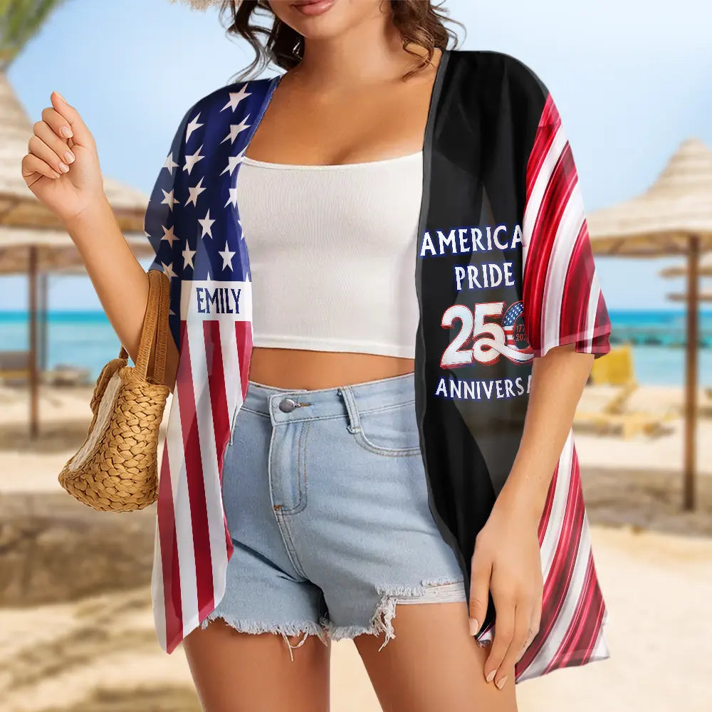 America 250th Anniversary US Pride Patriotic Eagle - Personalized Women Kimono Cardigan