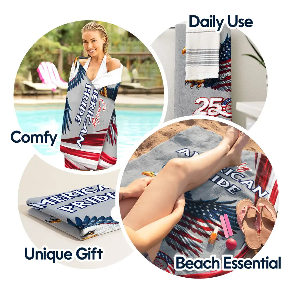 America 250th Anniversary US Pride Patriotic Eagle - Personalized Beach Towel