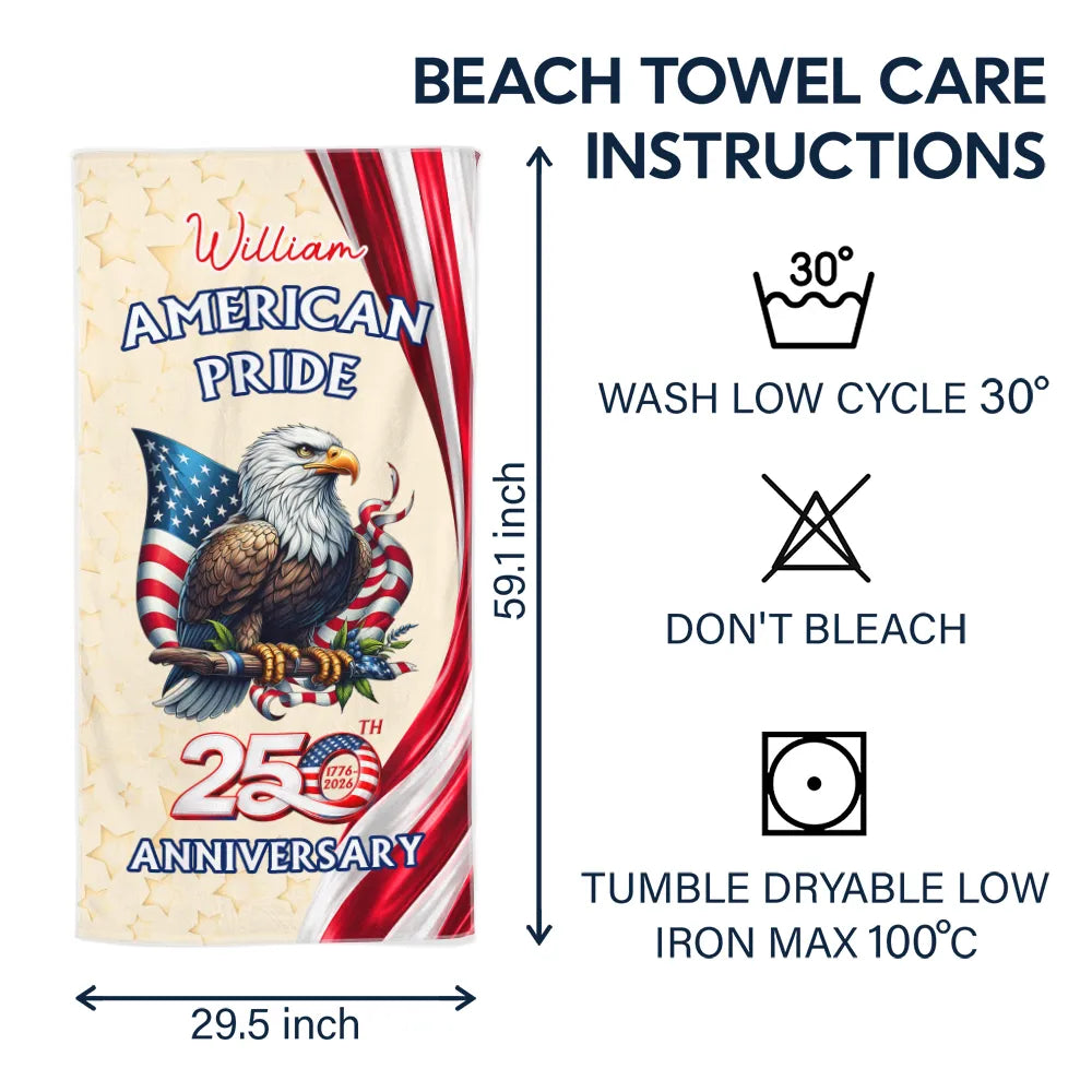 America 250th Anniversary US Pride Patriotic Eagle - Personalized Beach Towel