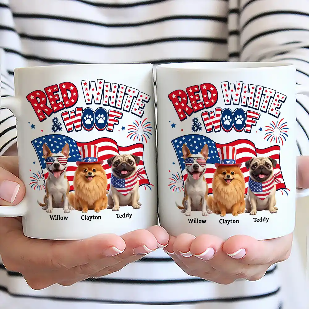 Custom Photo 3D Cartoon With US Accessories Red White Woof - Personalized Mug
