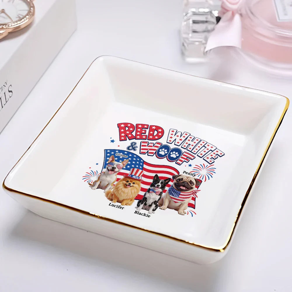 Custom Photo 3D Cartoon With US Accessories Red White Woof - Personalized Ring Dish