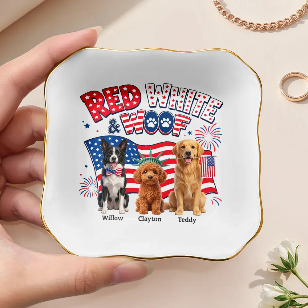 Custom Photo 3D Cartoon With US Accessories Red White Woof - Personalized Ring Dish