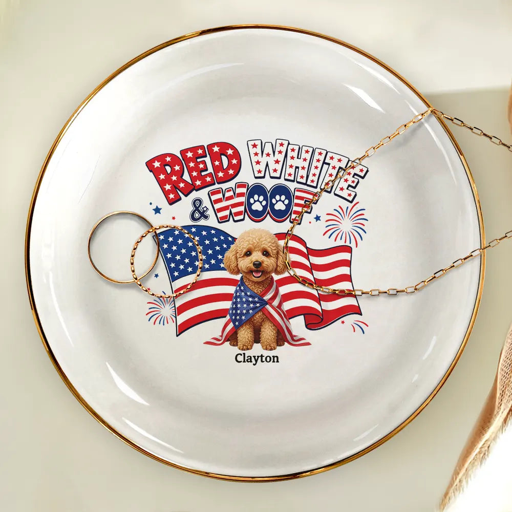 Custom Photo 3D Cartoon With US Accessories Red White Woof - Personalized Ring Dish
