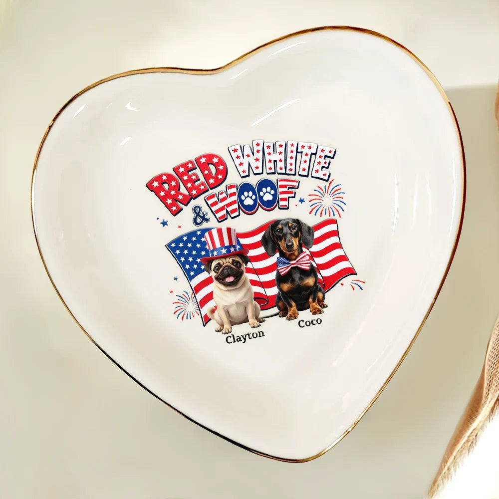 Custom Photo 3D Cartoon With US Accessories Red White Woof - Personalized Ring Dish