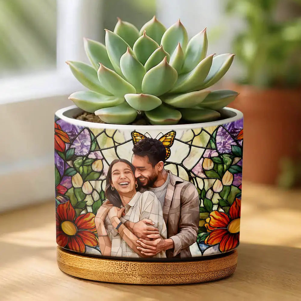 Custom Photo Stained Glass Mom Grandma Parents Family Couple - Personalized Ceramic Plant Pot