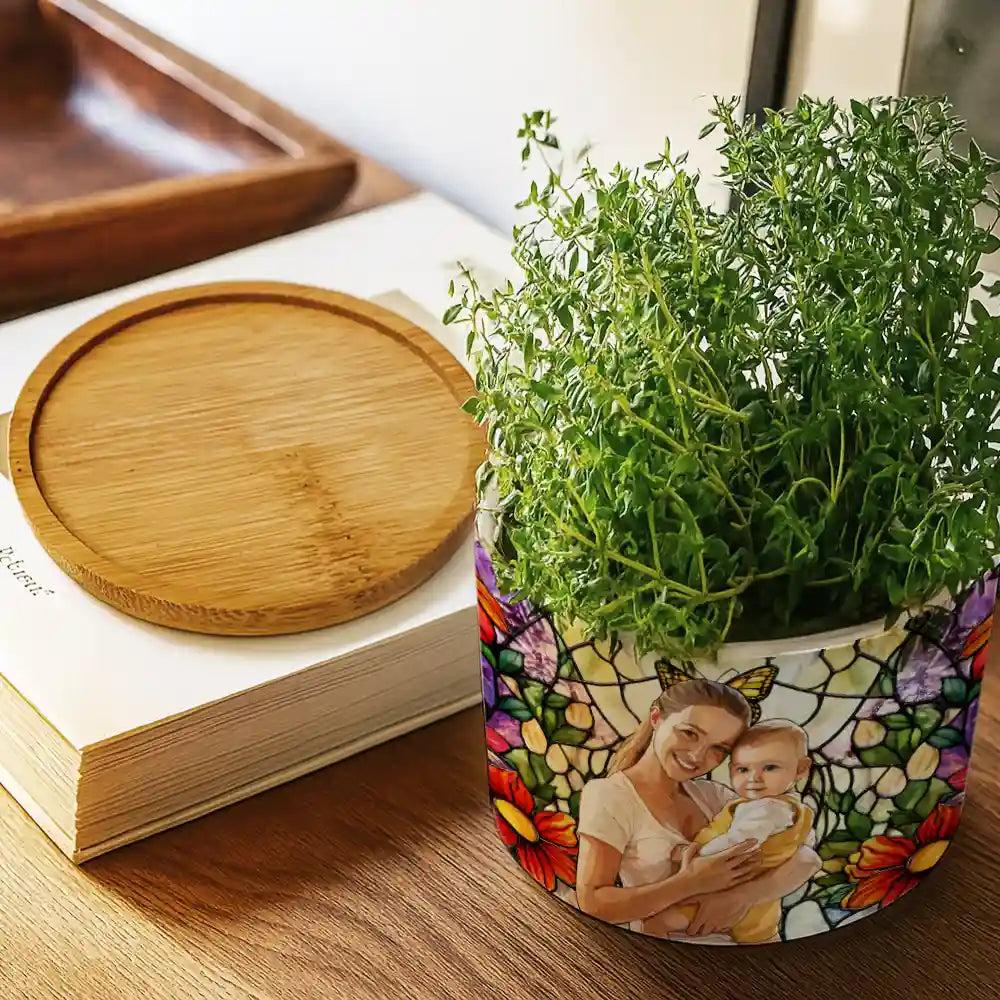 Custom Photo Stained Glass Mom Grandma Parents Family Couple - Personalized Ceramic Plant Pot