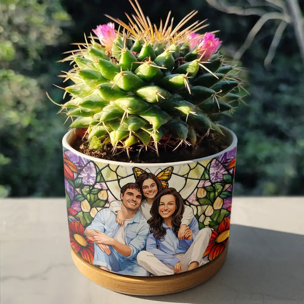 Custom Photo Stained Glass Mom Grandma Parents Family Couple - Personalized Ceramic Plant Pot