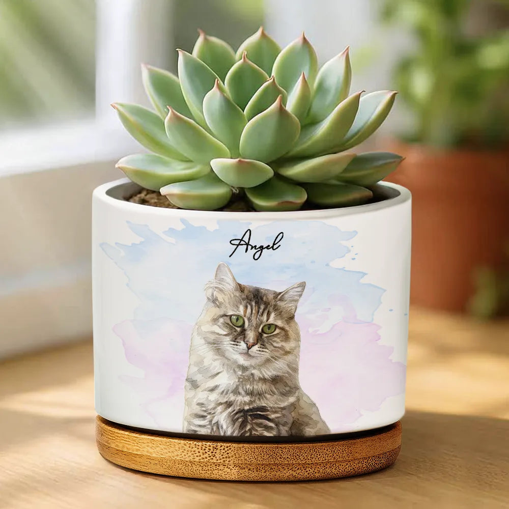 Custom Photo Realistic Watercolor Art Portrait Cat Dog Pet - Personalized Ceramic Plant Pot