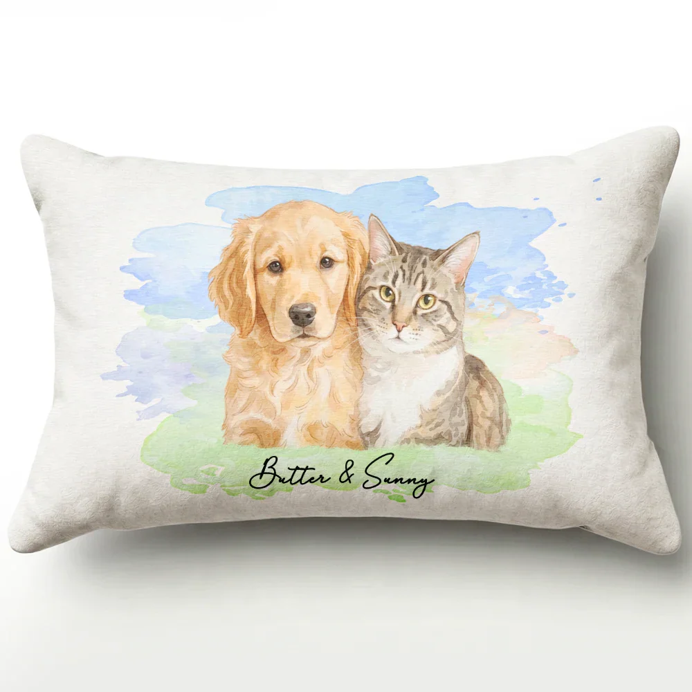 Custom Photo Realistic Watercolor Art Portrait Cat Dog Pet - Personalized Pillow