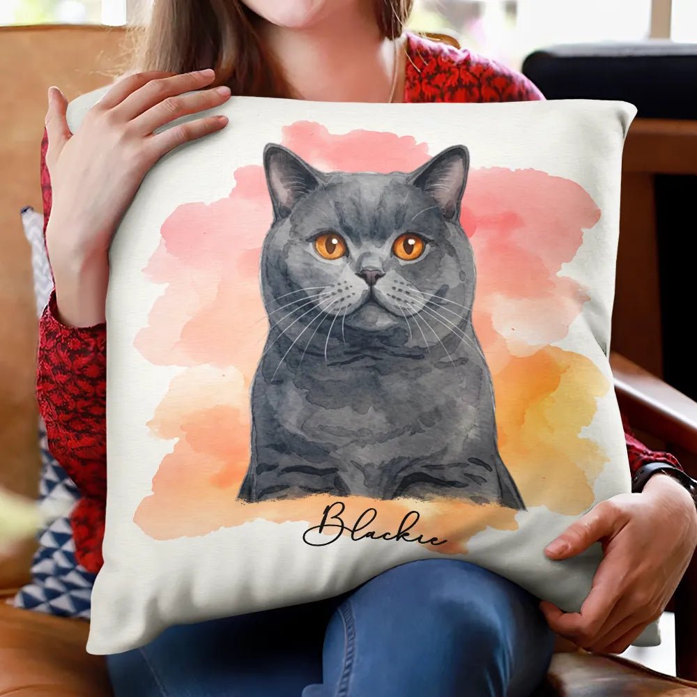 Custom Photo Realistic Watercolor Art Portrait Cat Dog Pet - Personalized Pillow